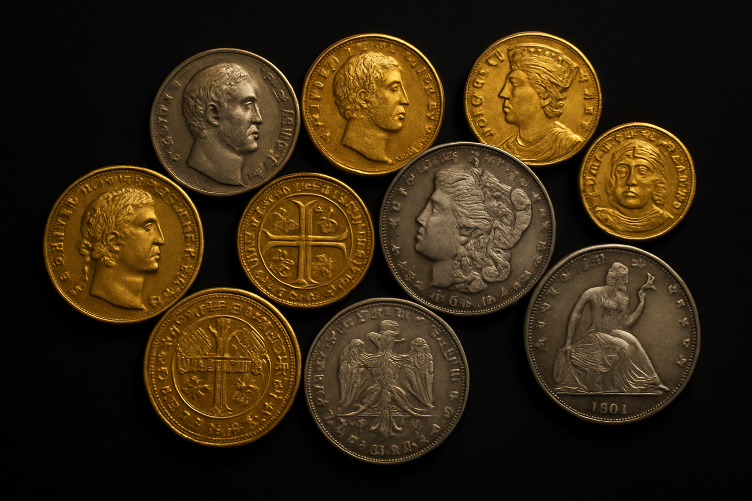 black background, old gold and silver coinage / currency aka numismatic coins
