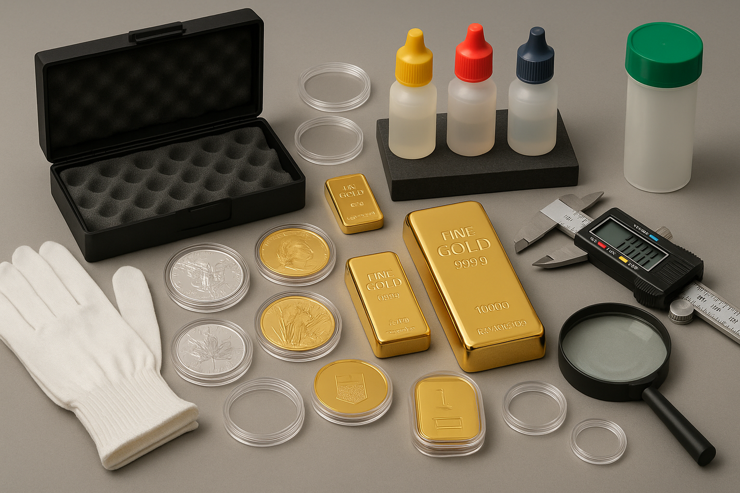 bullion related pieces next to bullion e.g storage boxes, testers, capsules
