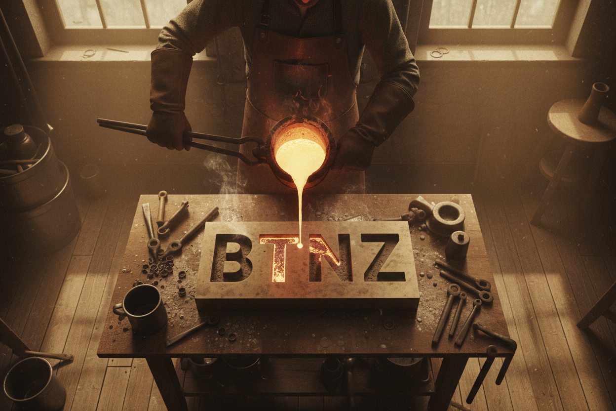 molten-metal-in-a-crucible-being-poured-in-to-mold-mold-is-the-outline-of-letters-btnz by a vintage style person, hand poured, and a more birds eye view looking down on the person and the pour in to the BTNZ letter mould
