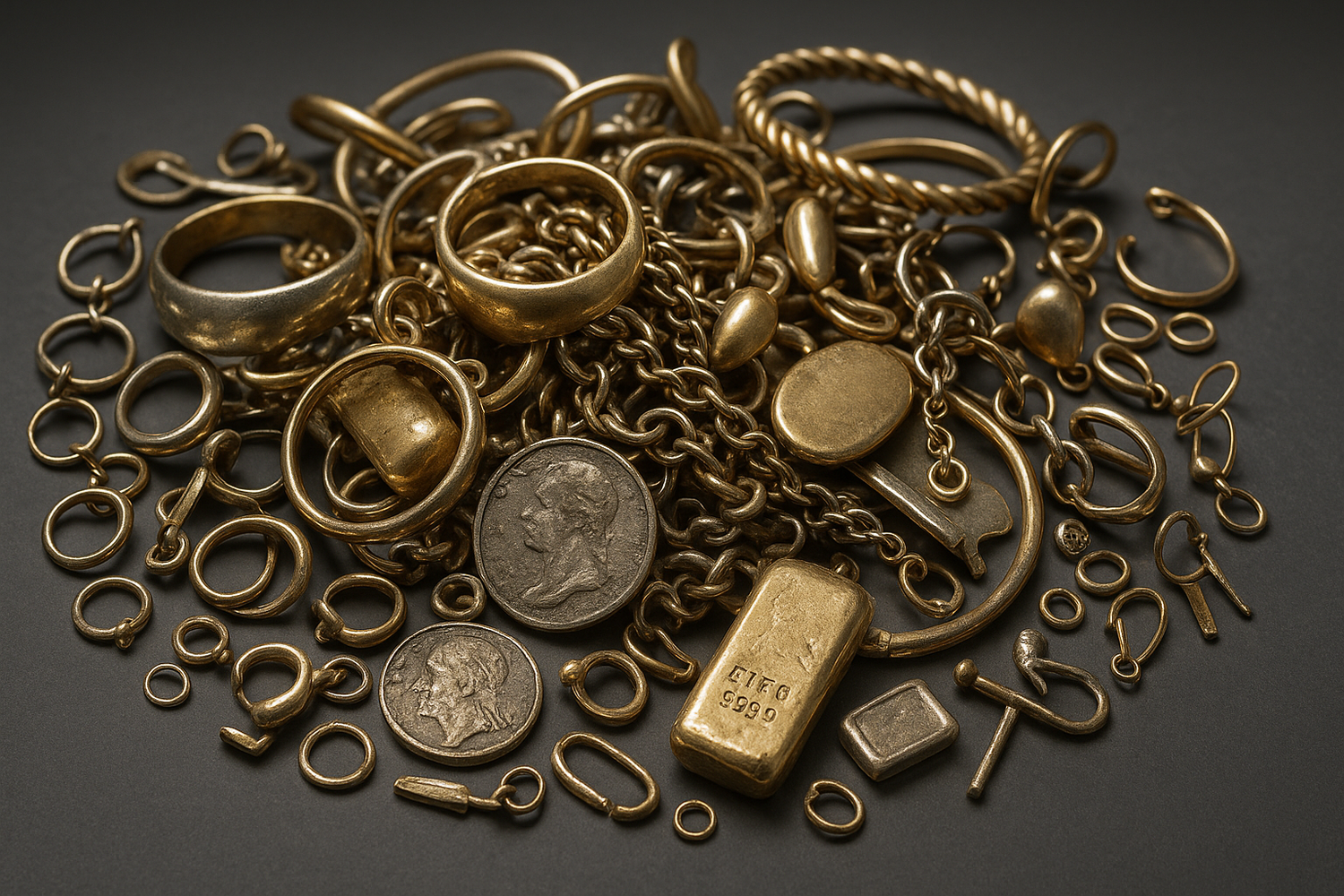 pile of gold and silver jewellery (rings, pendants, necklaces etc)  and other gold and silver pieces that one would consider to be sold as scrap