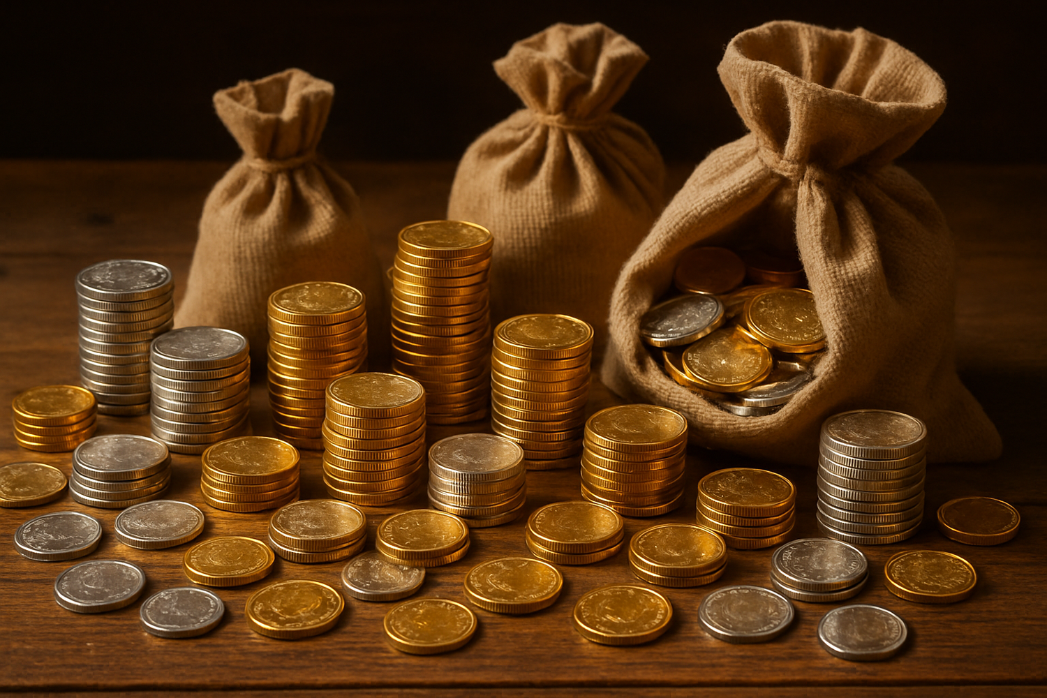 piles of silver and gold coins scattered on a table with money bags next to them