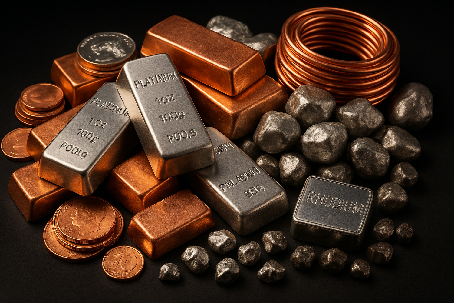 precious metals platinum, copper and anything thats not gold or silver in a pile in different shapes or forms
