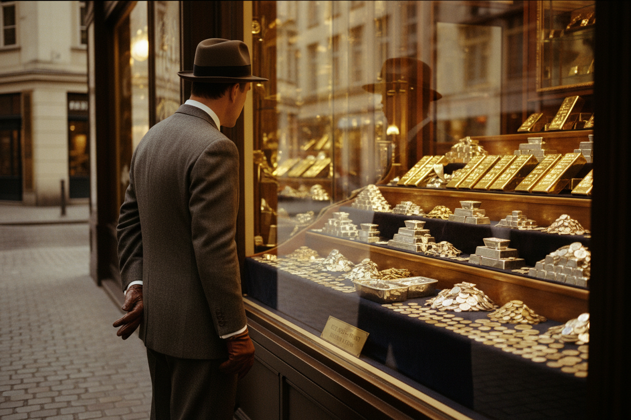 vintage style man peering in to a window of a bullion shop that has bullion in the window