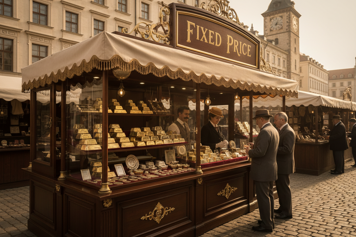 vintage theme, bullion traders, street stall, fixed price sign