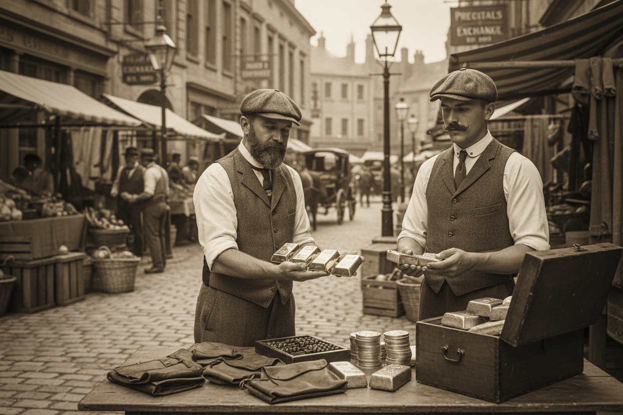 vintage theme, in street traders, swapping bullion from one person to another